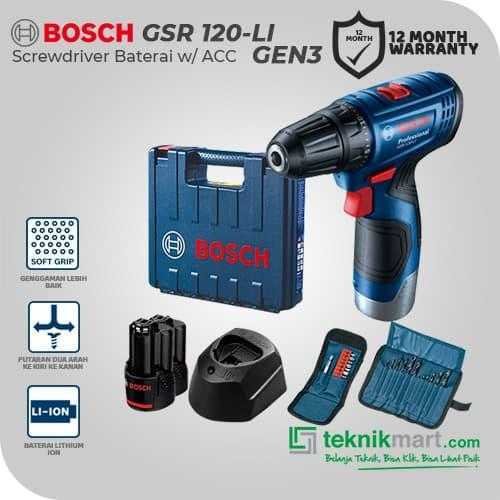 BOSCH GSR 120-LI GEN3 CORDLESS DRILL DRIVER WITH ACC 12VOLT 2.0AH 0-1300RPM (2X BATT 2.0AH, 1X CHARGER, ACC KIT)
