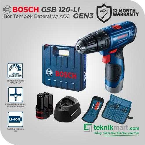 BOSCH GSB 120-LI GEN3 CORDLESS IMPACT DRILL WITH ACC 12VOLT 2.0AH 0-1300RPM (1X BATT 2.0AH, 1X CHARGER, ACC KIT)