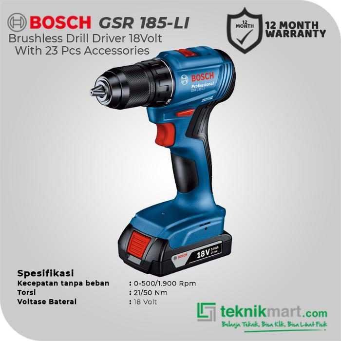 BOSCH GSR 185-LI BRUSHLESS DRILL DRIVER 18VOLT 0-500/1900RPM (2X GBA 18V 2.0Ah, 1X GAL 18V-20, 23X ACC, 1X CASE) - Image 2