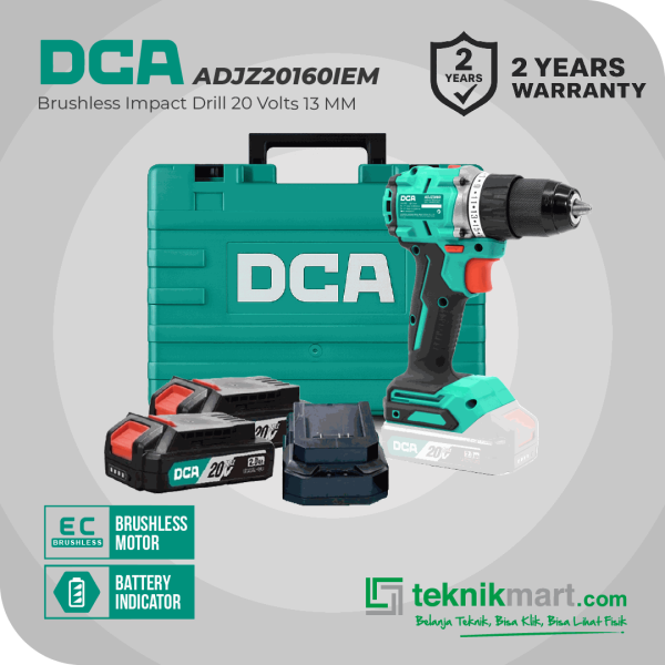 DCA ADJZ20160iEM BRUSHLESS IMPACT DRILL 20VOLT 13MM (2X BATT 4.0AH, 1X CHARGER, 1X KOTAK ALAT)