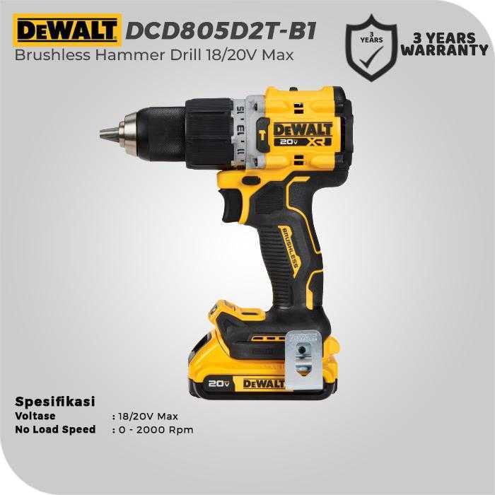 DEWALT DCD805D2T BRUSHLESS HAMMER DRILL COMPACT PREMIUM 18/20V 2.0 AH XR LI-ION - Image 2