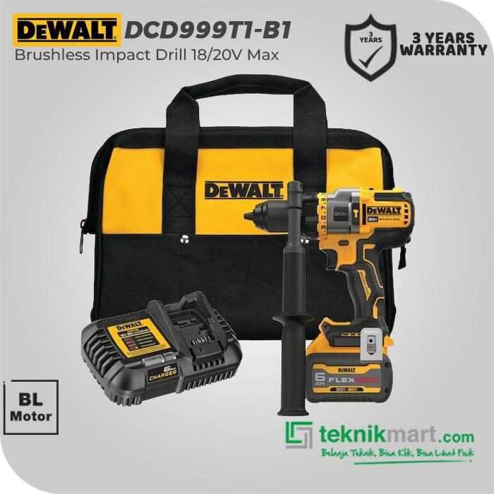 DEWALT DCD999T1 BRUSHLESS IMPACT DRILL 20V 13MM (1X BATTERY 6.0AH, 1X CHARGER, 1X TAS ALAT)
