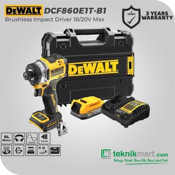 DEWALT DCF860E1T BRUSHLESS IMPACT DRIVER KIT 20V 282NM (1X BATTERY 1.7AH, 1X CHARGER, 1X KOTAK ALAT)