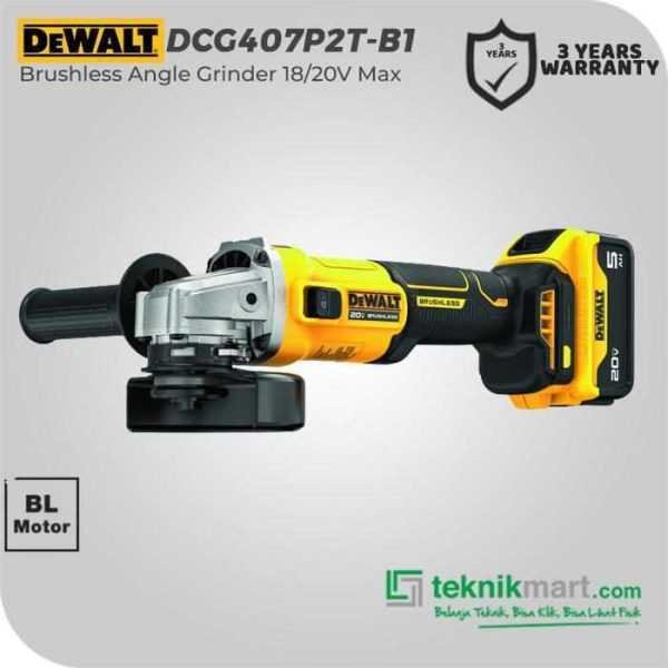 DEWALT DCG407P2T BRUSHLESS ANGLE GRINDER 20V 100MM (1X BATTERY 5.0 AH, 1X CHARGER, 1X KOTAK ALAT)
