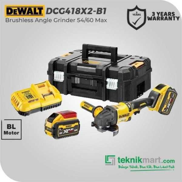 DEWALT DCG418X2 BRUSHLESS ANGLE GRINDER WITH PADDLE SWITCH 60V MAX 125MM (2X BATTERY 9.0AH, 1X CHARGER, 1X KOTAK ALAT)