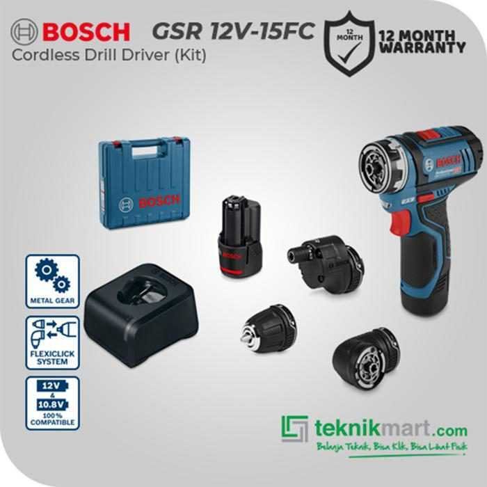 BOSCH GSR 12V-15 FC CORDLESS DRILL DRIVER 12VOLT 2.0AH (2X GBA 2.0AH, 1X GAL1230CV, 1X KOTAK ALAT, CHUCK+RIGHT ANGLE+EXCENTER+BIT HOLDER)