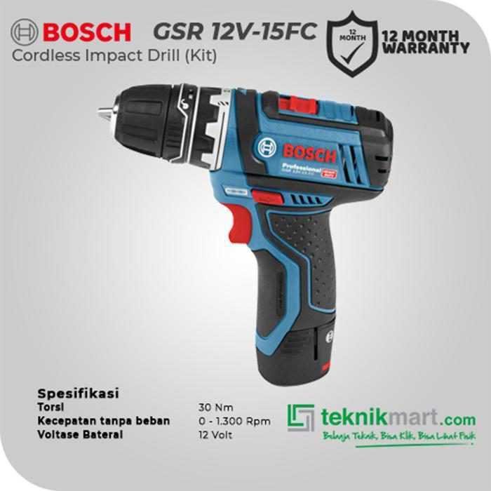 BOSCH GSR 12V-15 FC CORDLESS DRILL DRIVER 12VOLT 2.0AH (2X GBA 2.0AH, 1X GAL1230CV, 1X KOTAK ALAT, CHUCK+RIGHT ANGLE+EXCENTER+BIT HOLDER) - Image 2