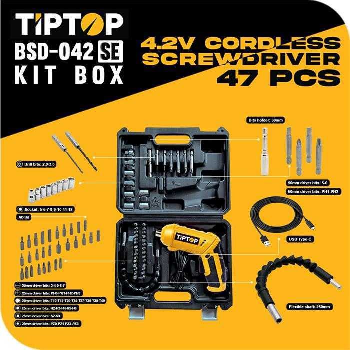 TIP TOP BSD-042SE KIT BOX CORDLESS SCREWDRIVER DRILL 4.2V WITH 47PCS - Image 4