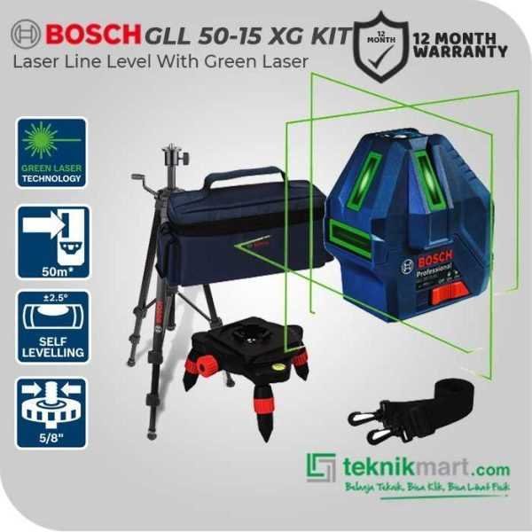 BOSCH GLL 50-15 XG KIT LINE LASER LEVEL 5 LINES 15 M WORKING RANGE + TRIPOD BT150 5/8 (GREEN LASER)