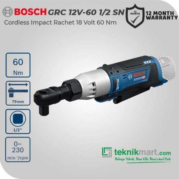 BOSCH GRC 12V-60 CORDLESS IMPACT RATCHET 12VOLT SQ 1/2" 60NM (UNIT ONLY)